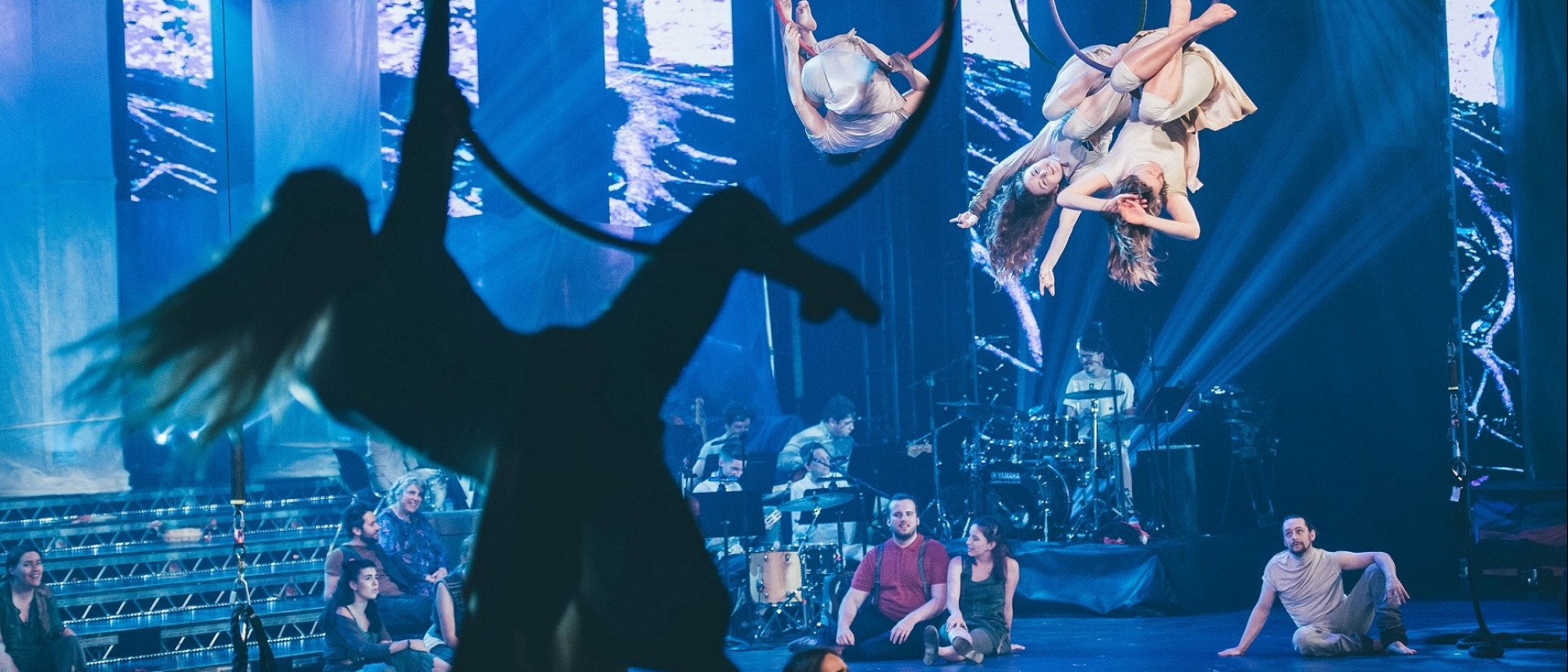 Circus performance with suspended hoops and acrobats 