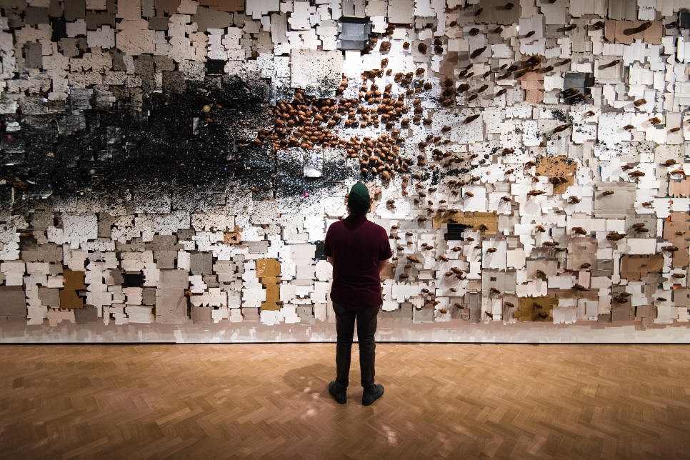 Man stood looking at large, multi-media wall installation