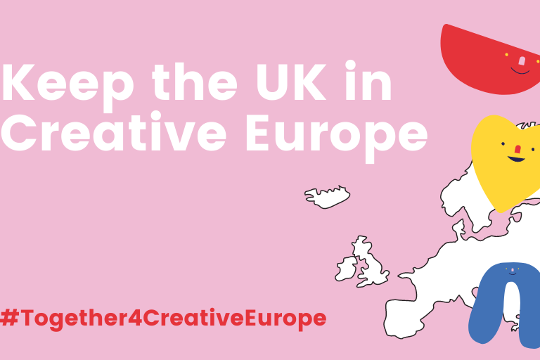 Illustration of shapes with faces over Europe map and pink background