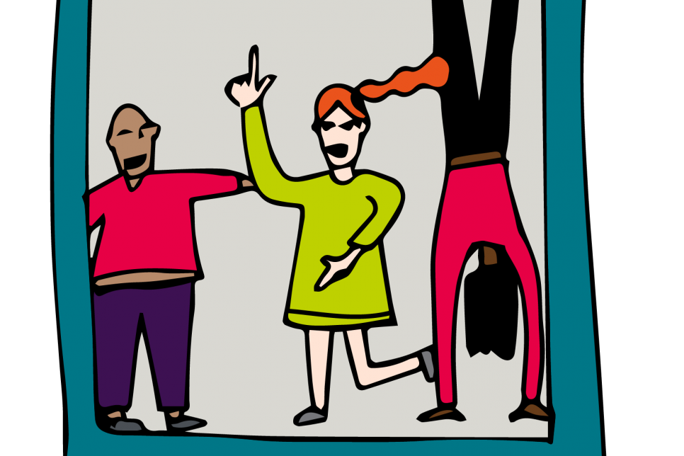 illustration of tablet device with three people dancing 