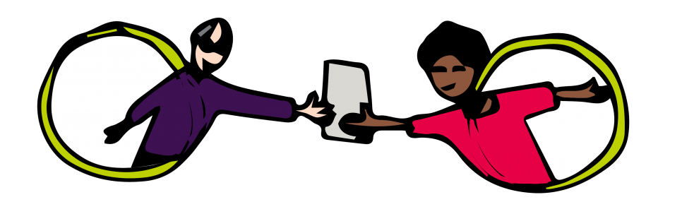 illustration of two people reaching out to share a tablet device