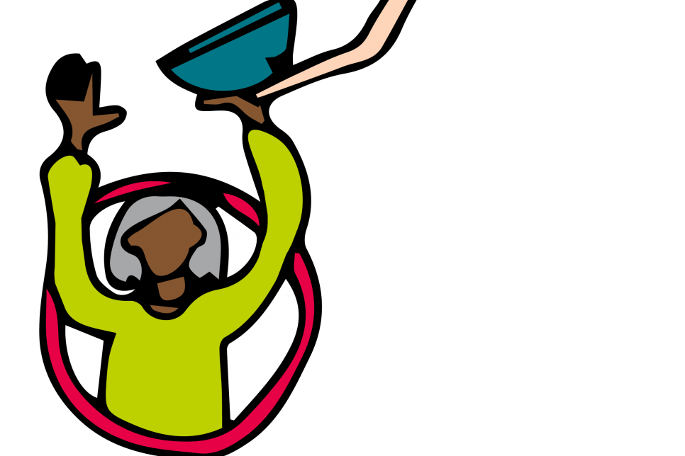 illustration of person passing bowl to another