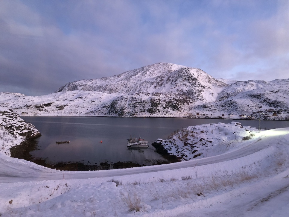 A vast dark lake with snow covered ground in the foreground and a snow covered mountain in the backgroudn