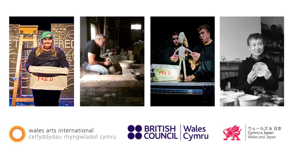4 images in a line of 4 artists at work with WAI, British Council and Wales Japan logo underneath 