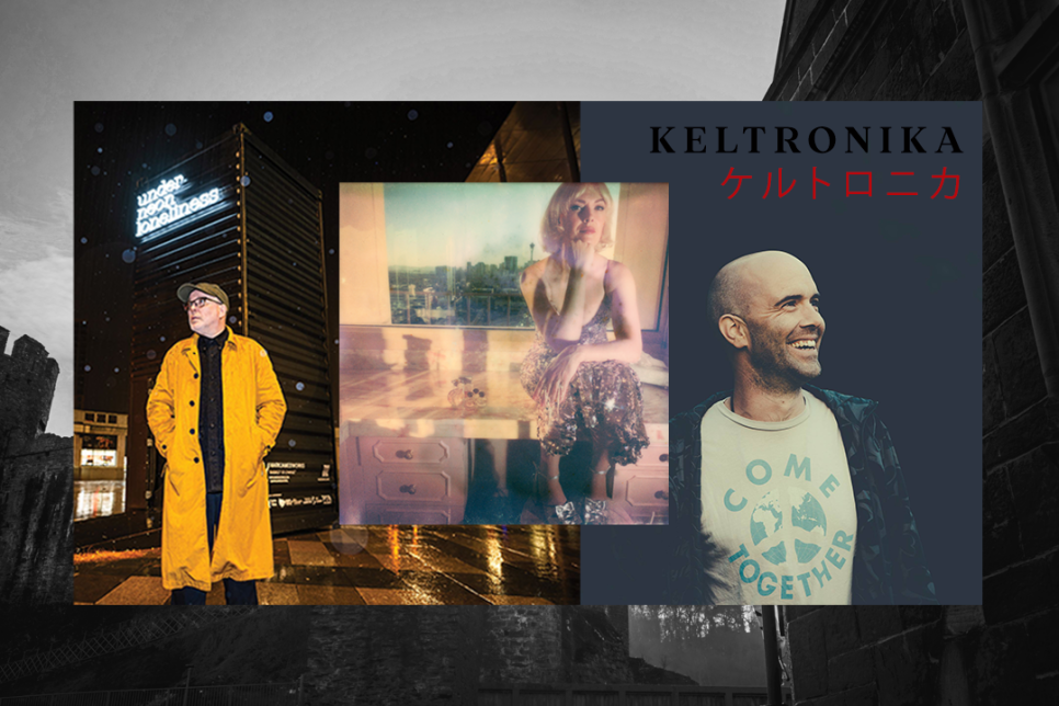 KELTRONIKA A man looking left, a woman central looking to camera, and a man looking right. Black text: KELTRONIKA